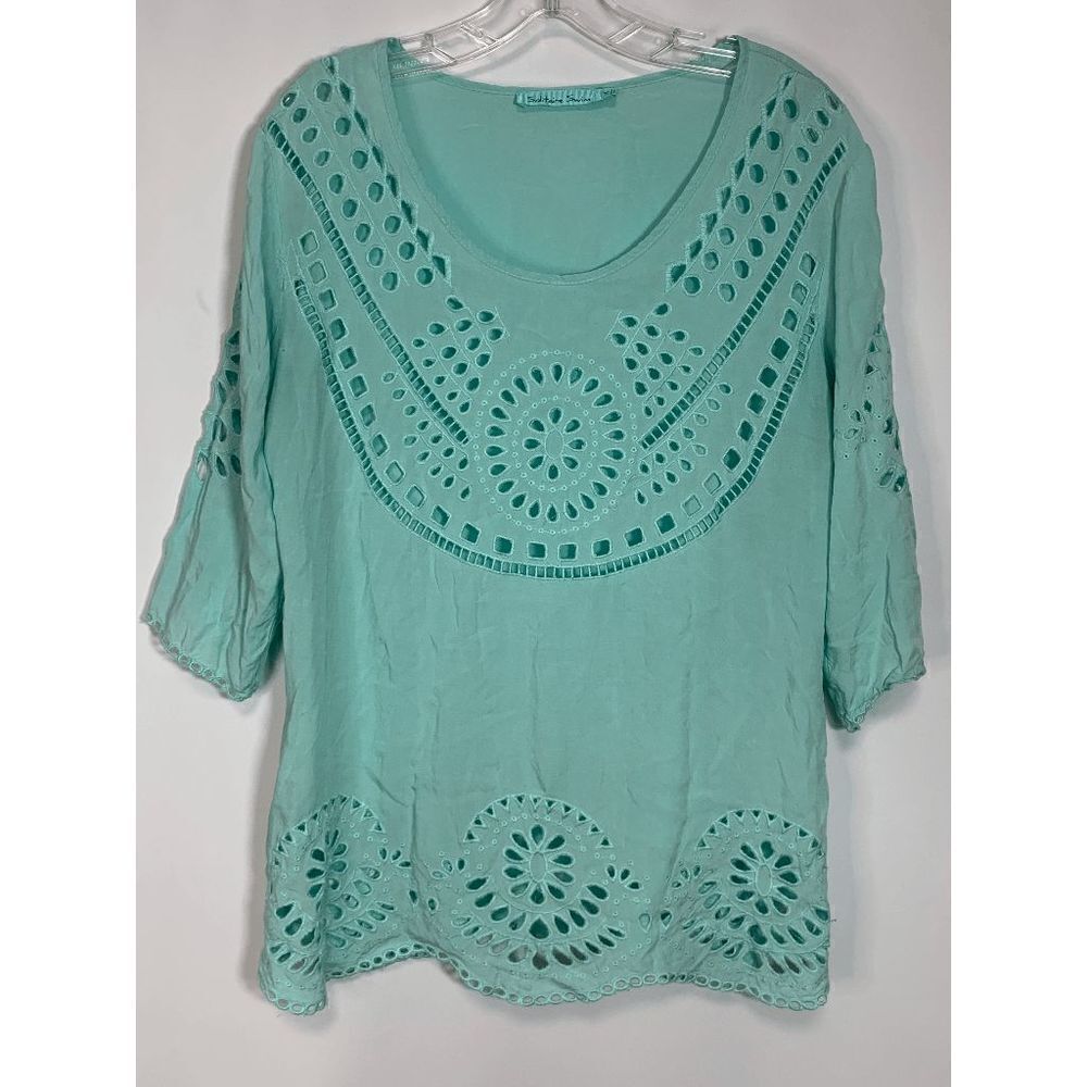Solitaire Swim Women's Eyelet Swimming Cover Up Top Shirt Teal Green Size Medium